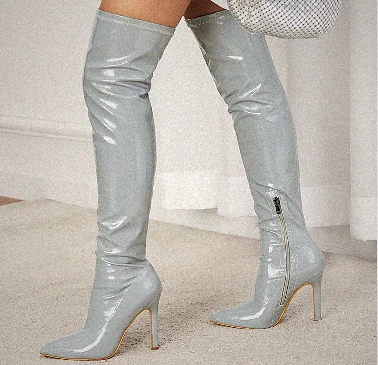 8224 HIGH-HEEL-OVERKNEE-STIEFEL Graublau glänzend 41 - ELASTISCH
