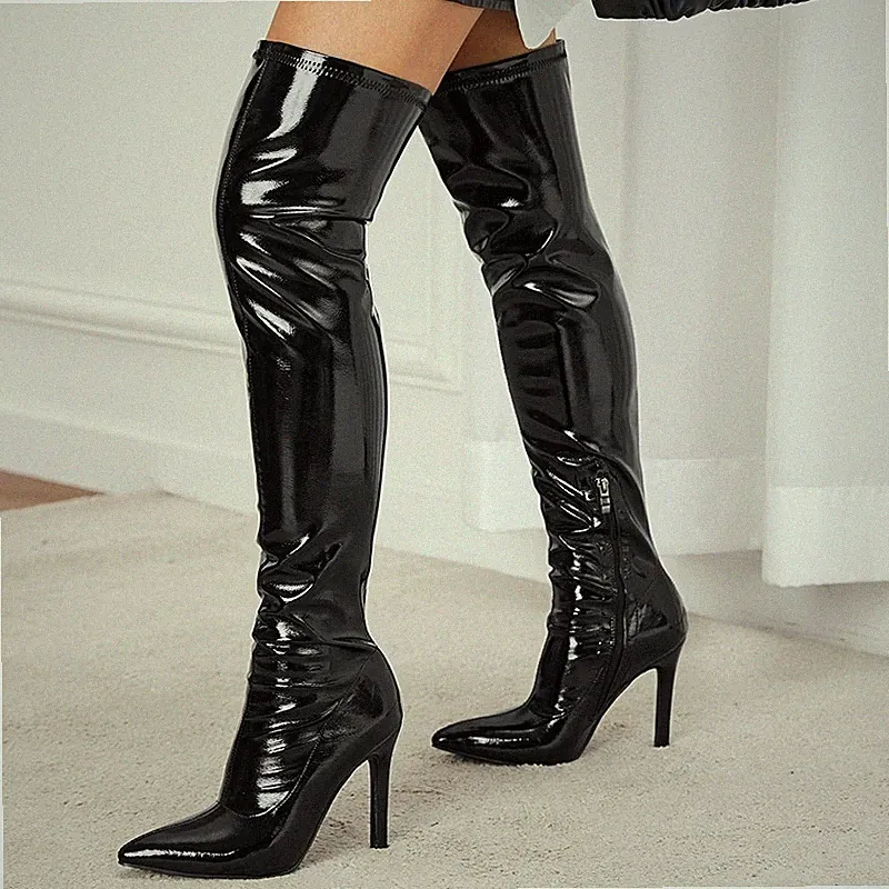 8224 HIGH-HEEL-OVERKNEE-STIEFEL Schwarz glänzend 39-ELASTISCH-sofort lieferbar!!