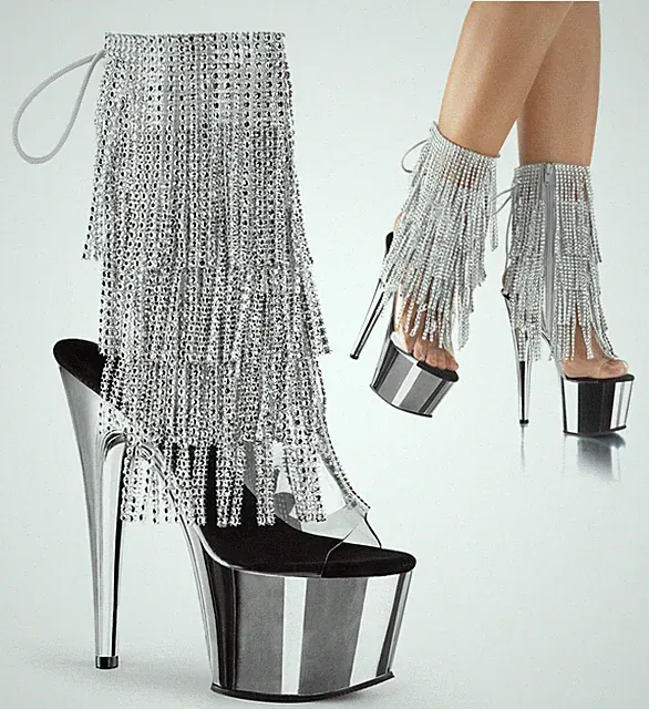 ADORE-1017RSF sexy Pleaser High-Heels Peep-Toe Fransen-Stiefeletten silber chrom