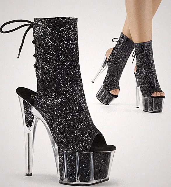 ADORE-1018G Pleaser High-Heels Fersen- u Zehenfreie Stiefeletten schwarz Glitter