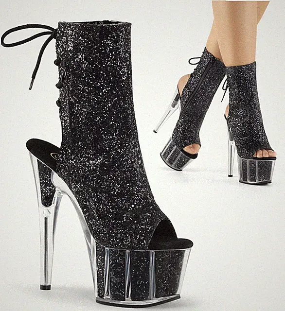 ADORE-1018G Pleaser High-Heels Fersen- u Zehenfreie Stiefeletten schwarz Glitter
