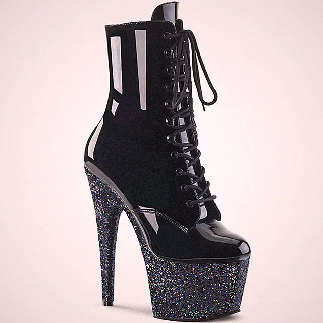 ADORE-1020LG Pleaser High-Heels Plateau Schnürstiefeletten schwarz Lack Glitter