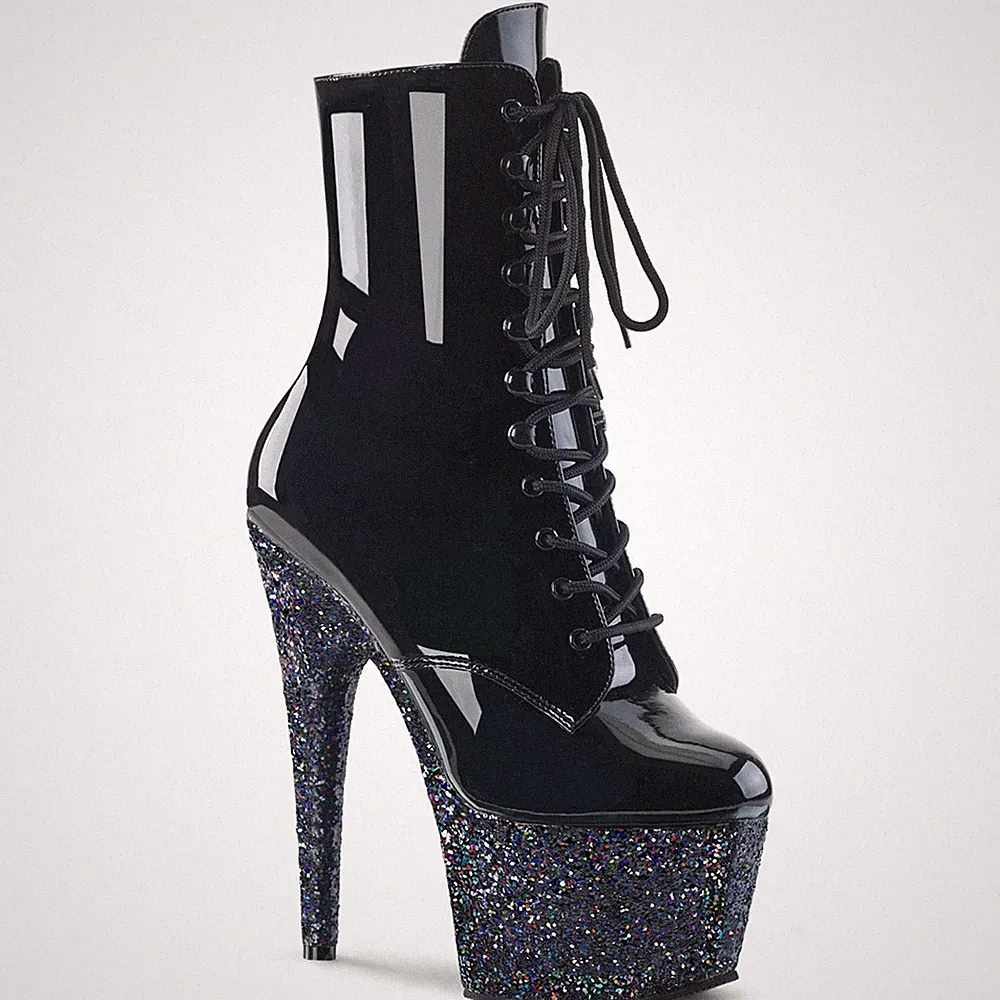 ADORE-1020LG Pleaser High-Heels Plateau Schnürstiefeletten schwarz Lack Glitter