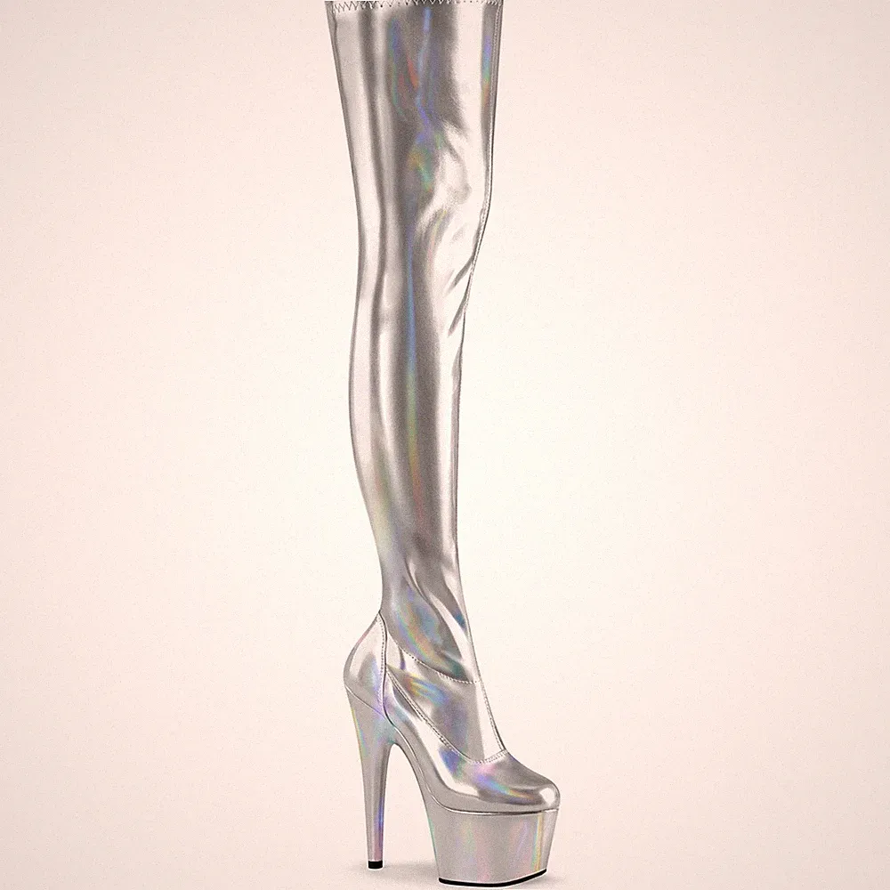 ADORE-3000HWR Pleaser High-Heels Plateauoverkneestiefel silber Stretch-Hologramm