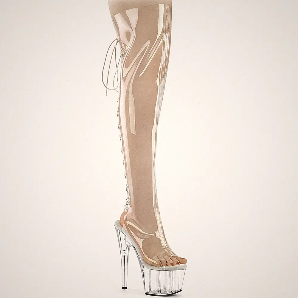 ADORE-3019C Pleaser Peepe Toe Plateauoverkneestiefel elastische Schnürung klar