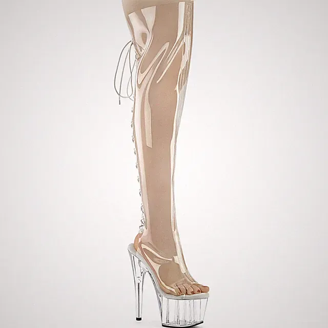 ADORE-3019C Pleaser Peepe Toe Plateauoverkneestiefel elastische Schnürung klar