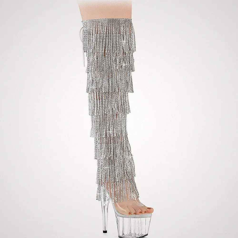 ADORE-3019C-RSF Pleaser Damen Strass Fransen Plateauoverkneestiefel klar silber