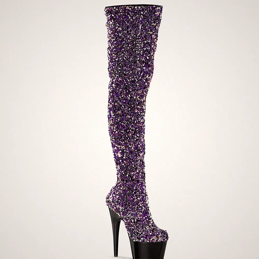 ADORE-3020 Pleaser Damen Plateauoverkneestiefel lila Multi Pailletten schwarz