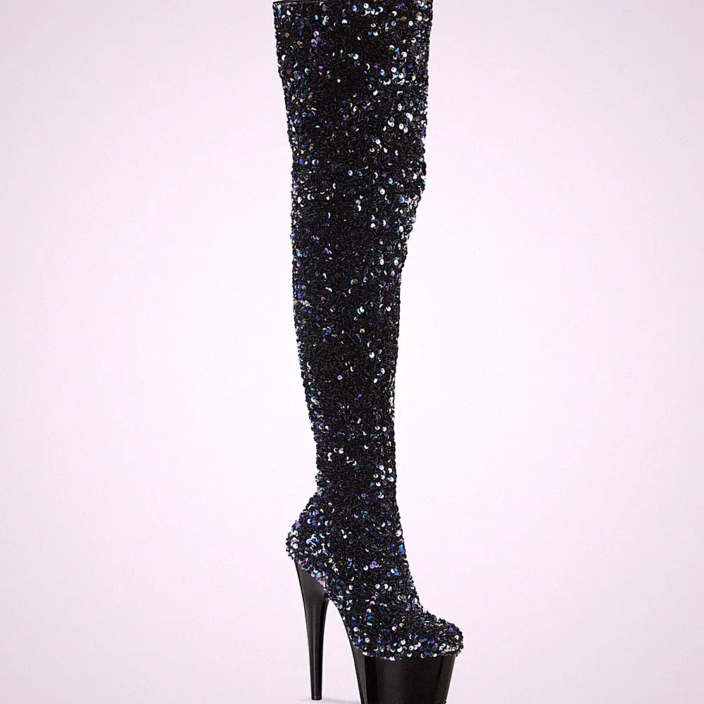 ADORE-3020 Pleaser vegane Damen Plateauoverkneestiefel schwarz Multi Pailletten