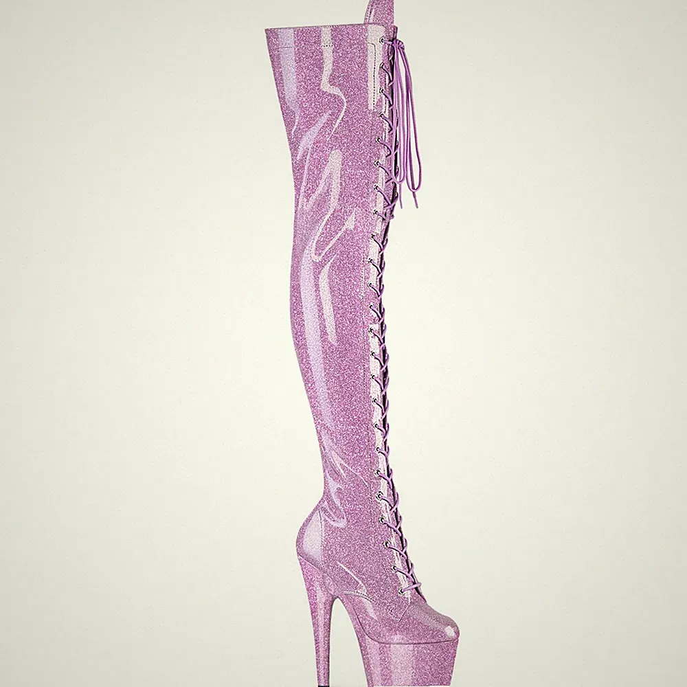 ADORE-3020GP Pleaser Damen High Heel Plateauoverkneestiefel flieder Glitter Lack