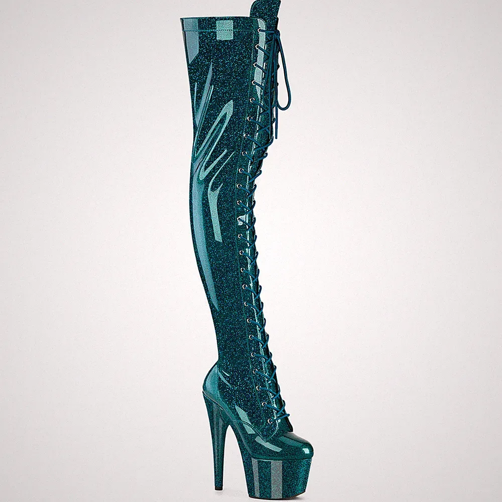 ADORE-3020GP Pleaser High Heels Plateauoverkneestiefel blaugrün Glitter Lack