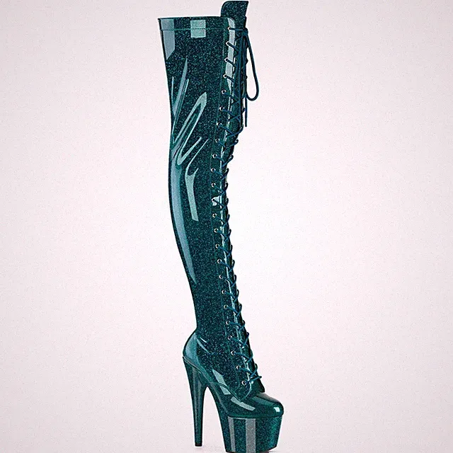 ADORE-3020GP Pleaser High Heels Plateauoverkneestiefel blaugrün Glitter Lack