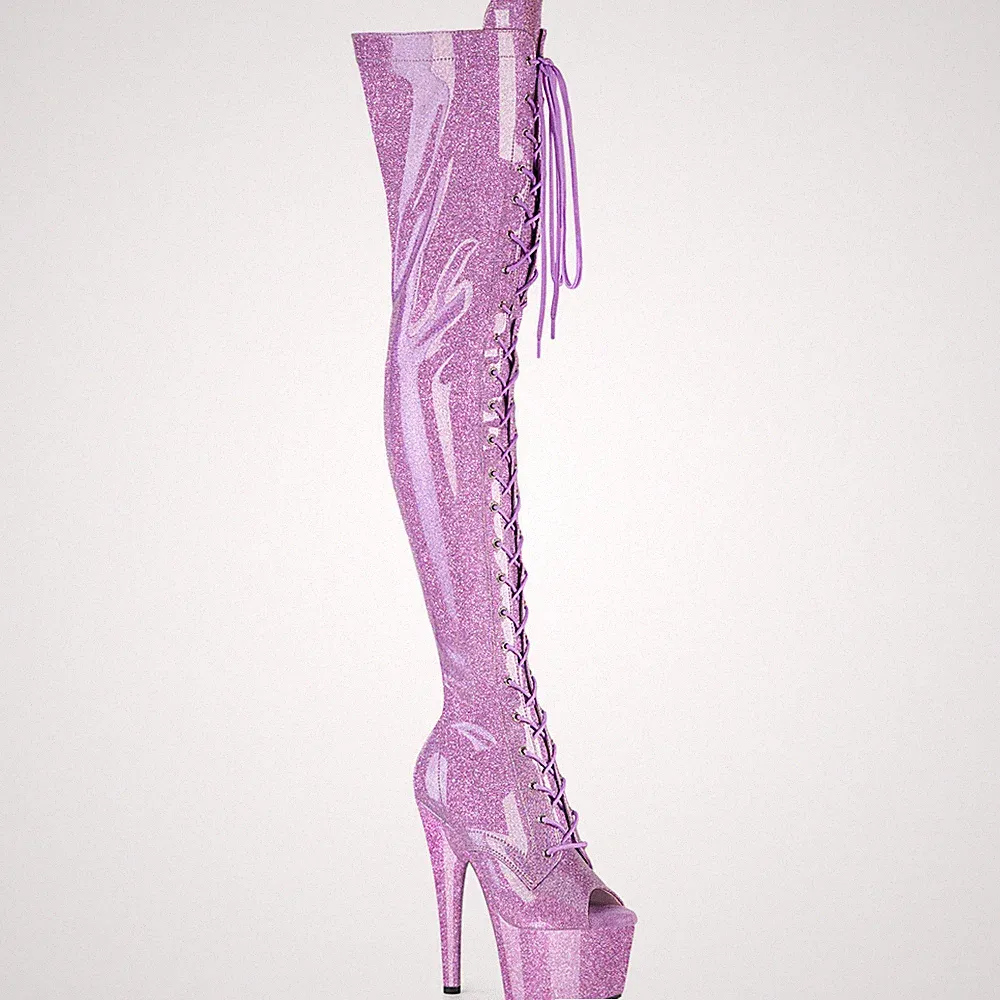 ADORE-3021GP Pleaser Damen Peep Toe Plateauoverkneestiefel flieder Glitter Lack
