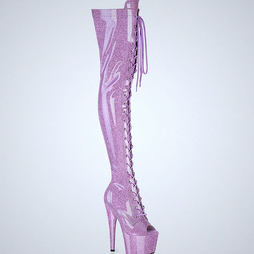 ADORE-3021GP Pleaser Damen Peep Toe Plateauoverkneestiefel flieder Glitter Lack