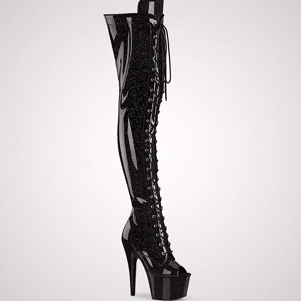 ADORE-3021GP Pleaser Damen Peep Toe Plateauoverkneestiefel schwarz Glitter Lack