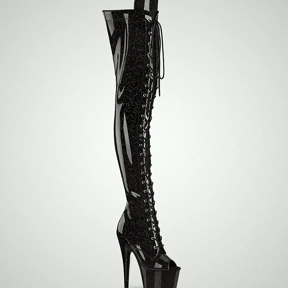 ADORE-3021GP Pleaser Damen Peep Toe Plateauoverkneestiefel schwarz Glitter Lack