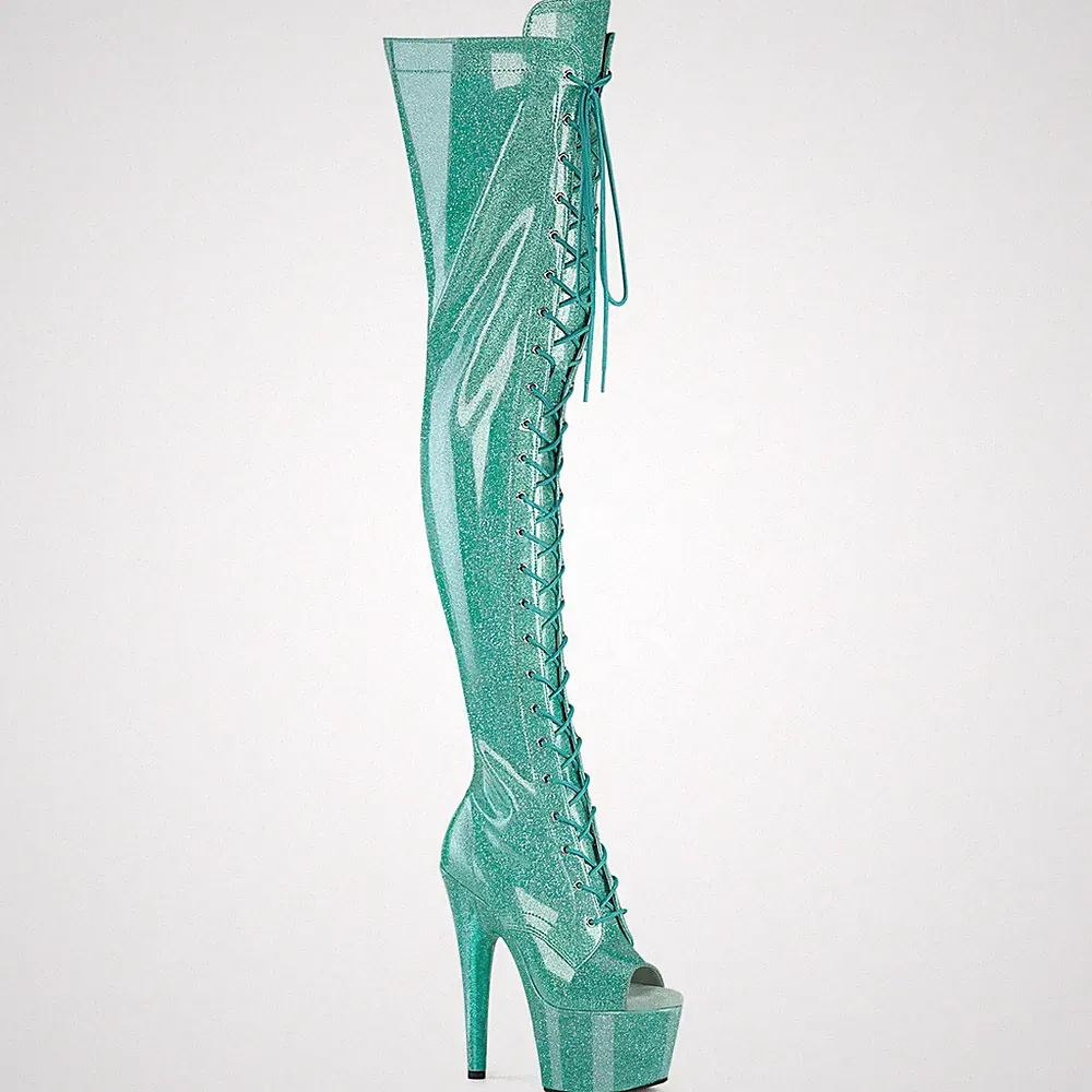 ADORE-3021GP Pleaser High Heel Peep Toe Plateauoverkneestiefel aqua Glitter Lack