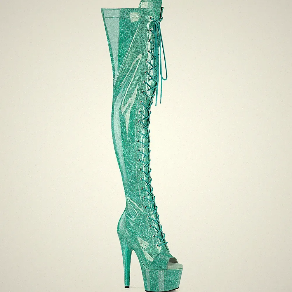 ADORE-3021GP Pleaser High Heel Peep Toe Plateauoverkneestiefel aqua Glitter Lack