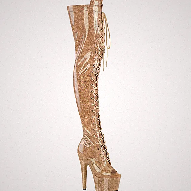 ADORE-3021GP Pleaser High Heel Peep Toe Plateauoverkneestiefel gold Glitter Lack