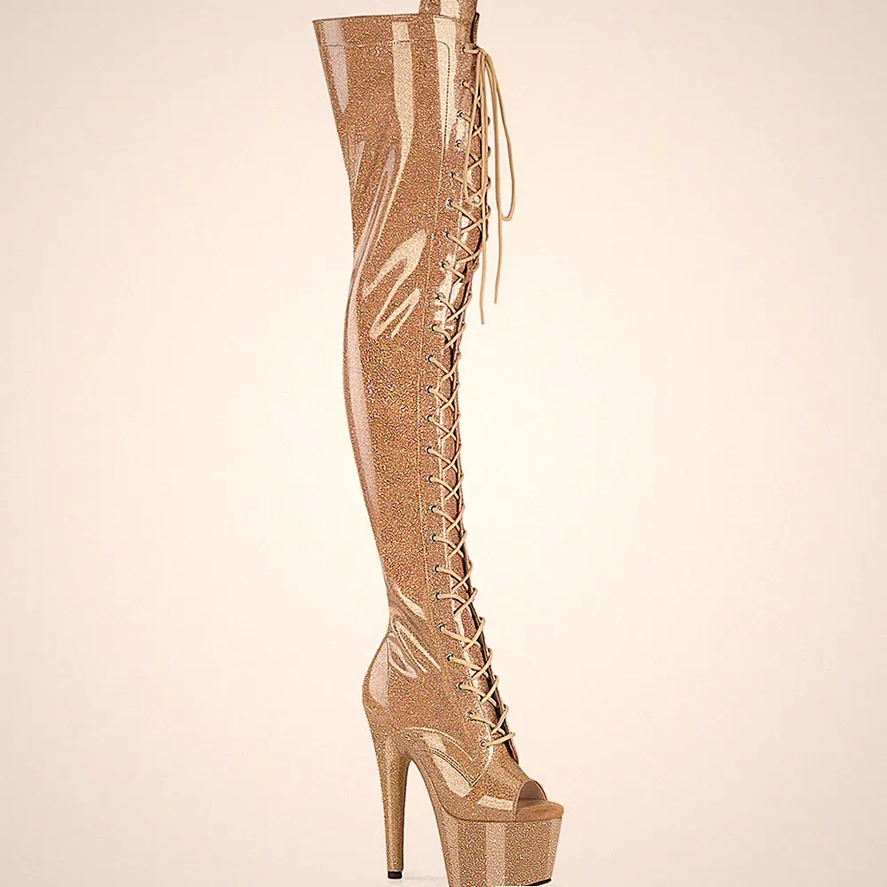 ADORE-3021GP Pleaser High Heel Peep Toe Plateauoverkneestiefel gold Glitter Lack