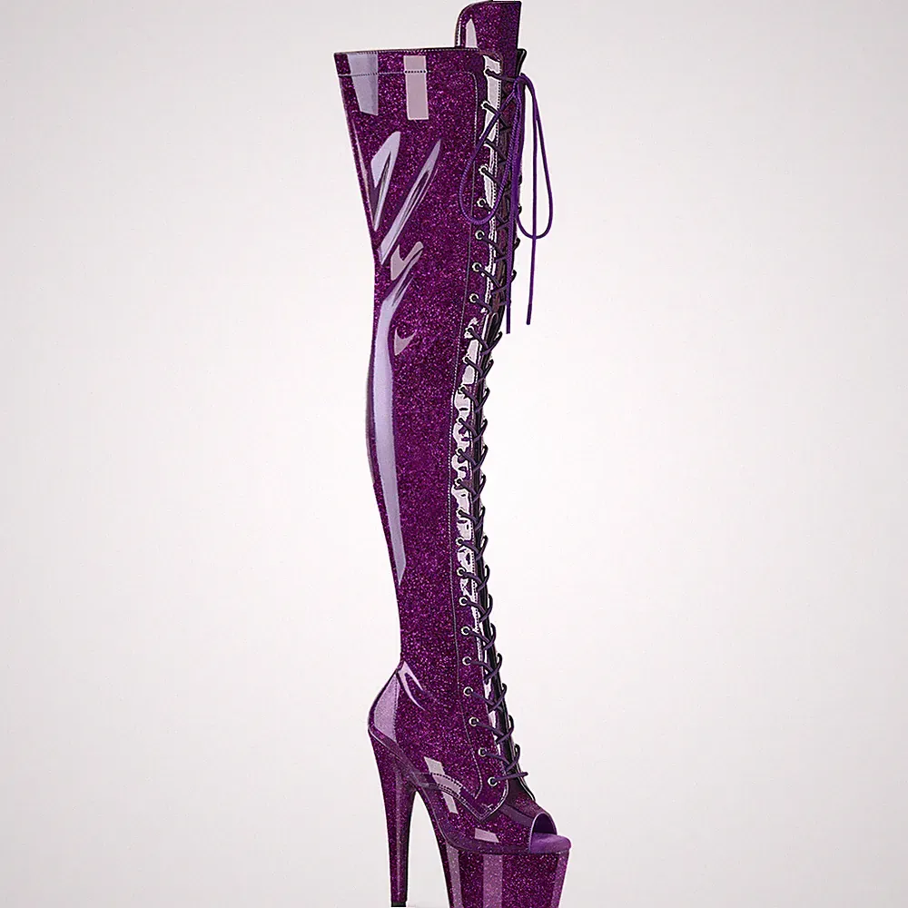 ADORE-3021GP Pleaser High Heel Peep Toe Plateauoverkneestiefel lila Glitter Lack