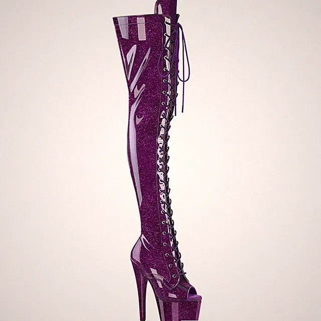 ADORE-3021GP Pleaser High Heel Peep Toe Plateauoverkneestiefel lila Glitter Lack