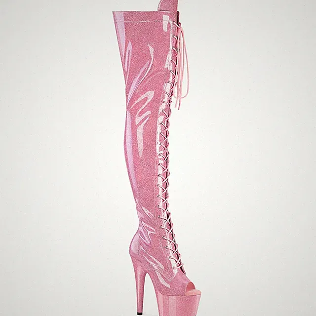 ADORE-3021GP Pleaser High Heels Peep Toe Plateauoverkneestiefel babypink Glitter