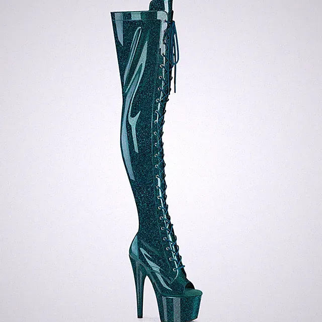 ADORE-3021GP Pleaser High Heels Peep Toe Plateauoverkneestiefel blaugrün Glitter