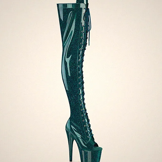 ADORE-3021GP Pleaser High Heels Peep Toe Plateauoverkneestiefel blaugrün Glitter