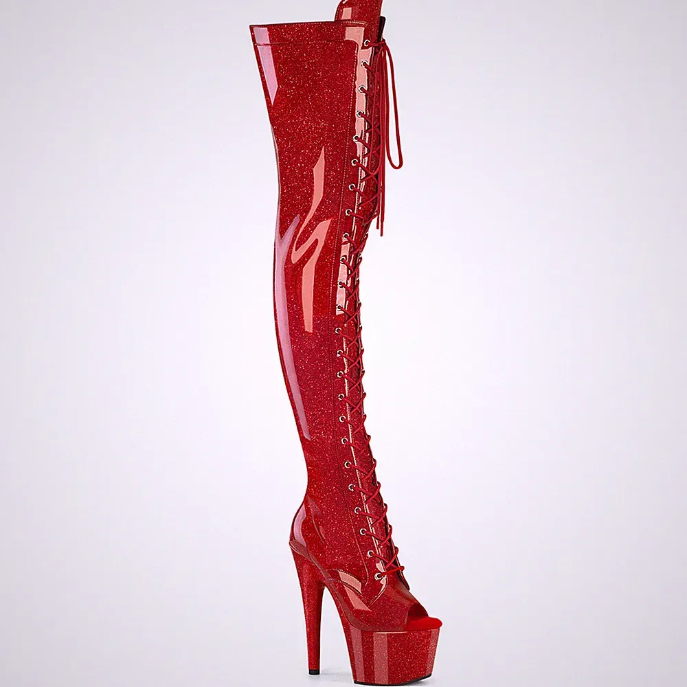 ADORE-3021GP Pleaser High Heels Peep Toe Plateauoverkneestiefel rot Glitter Lack
