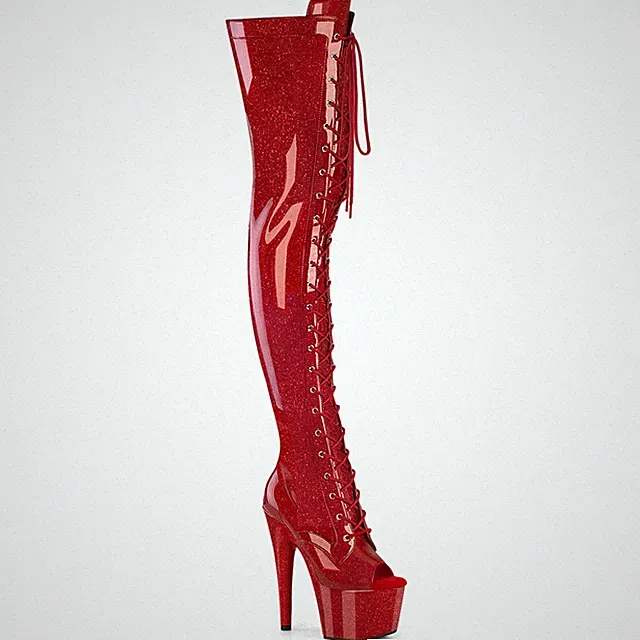 ADORE-3021GP Pleaser High Heels Peep Toe Plateauoverkneestiefel rot Glitter Lack