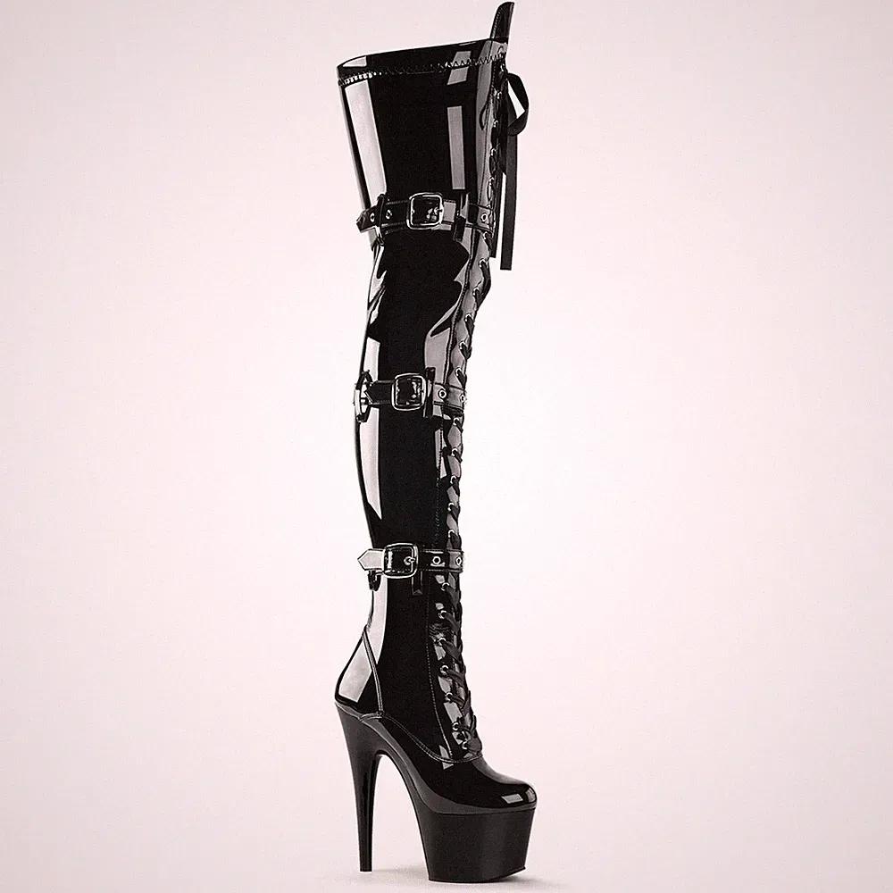 ADORE-3028 Pleaser High-Heels Plateau Overkneestiefel schwarz Lack 3 Schnallen