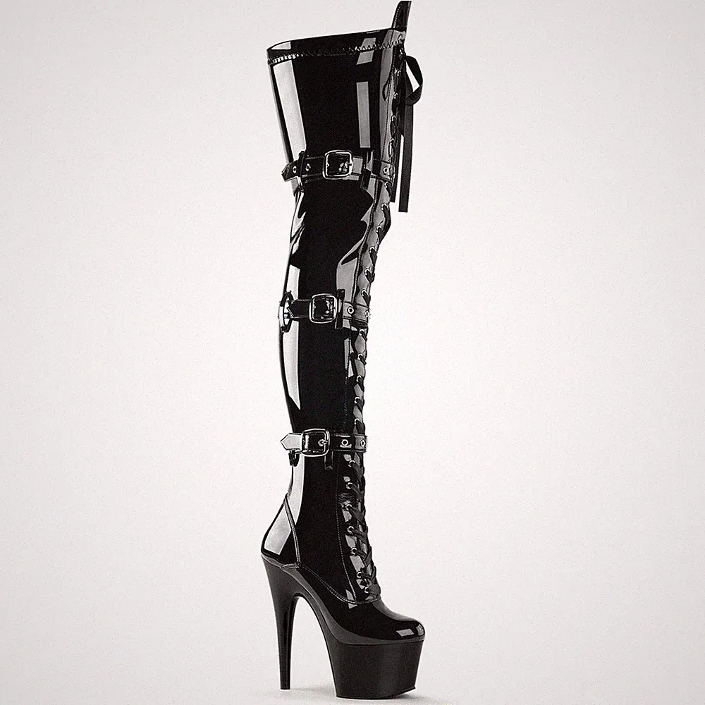 ADORE-3028 Pleaser High-Heels Plateau Overkneestiefel schwarz Lack 3 Schnallen
