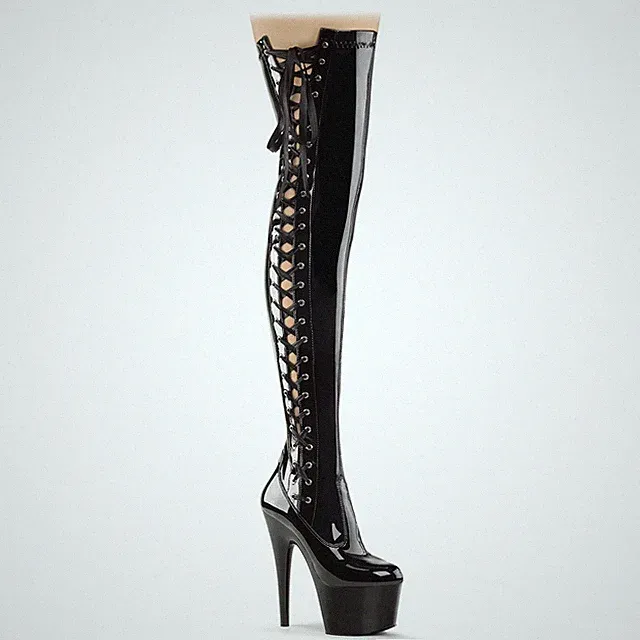 ADORE-3050 Pleaser High-Heels Overkneestiefel schwarz Lack Schnürung seitlich