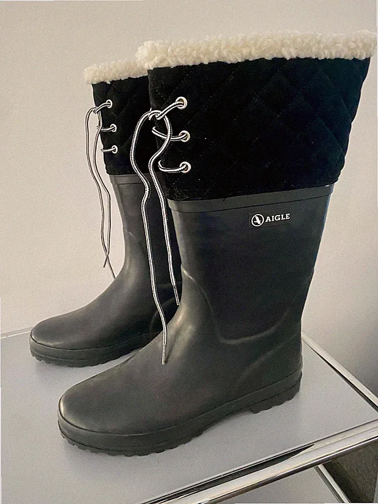 AIGLE Damen Gummistiefel Polka Giboulee Gr. 40 - schwarz mit weißem Fell - NEU