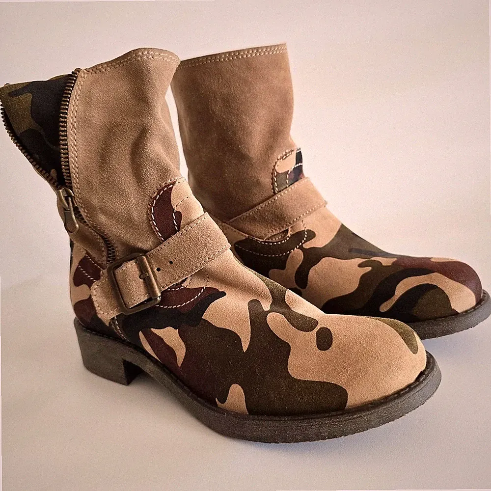 Alba Moda Damen Stiefeletten EU 35 beige/braun/grün/schwarz Leder RV Biker