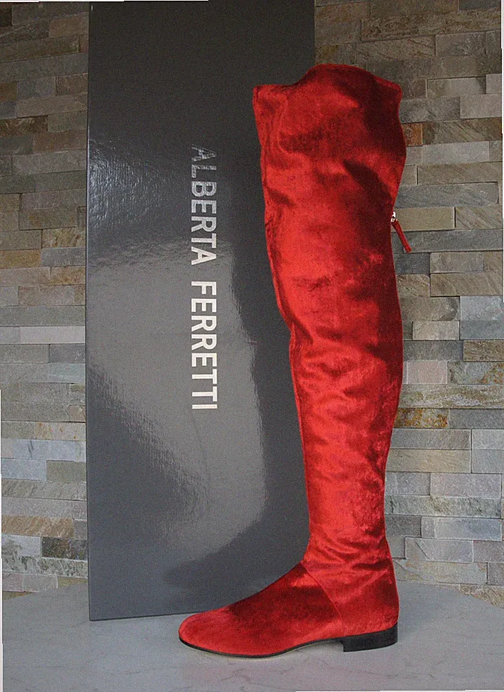 ALBERTA FERRETTI EU 38 Stiefel Overknees Schuhe Samt rot NEU ehem.UVP 745 €