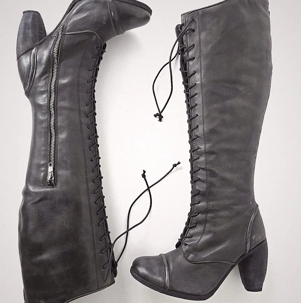 ALL SAINTS DAMEN VINTAGE AMARANTE LEDER KNIESTIEFEL MILITARY SPITZE UK 5 38 GRAU