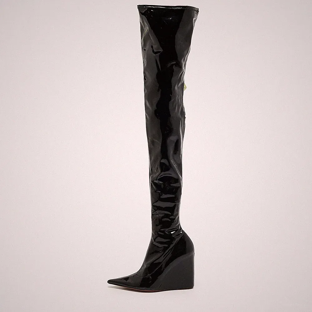 Amina Muaddi Größe 38,5 Schwarz PVC Overknee Keilabsatz Stiefel