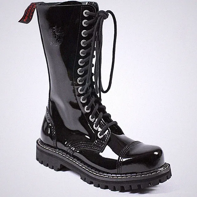 Angry Itch 14-Loch Gothic Punk Army Ranger Lack-Lederstiefel mit Reißverschluss