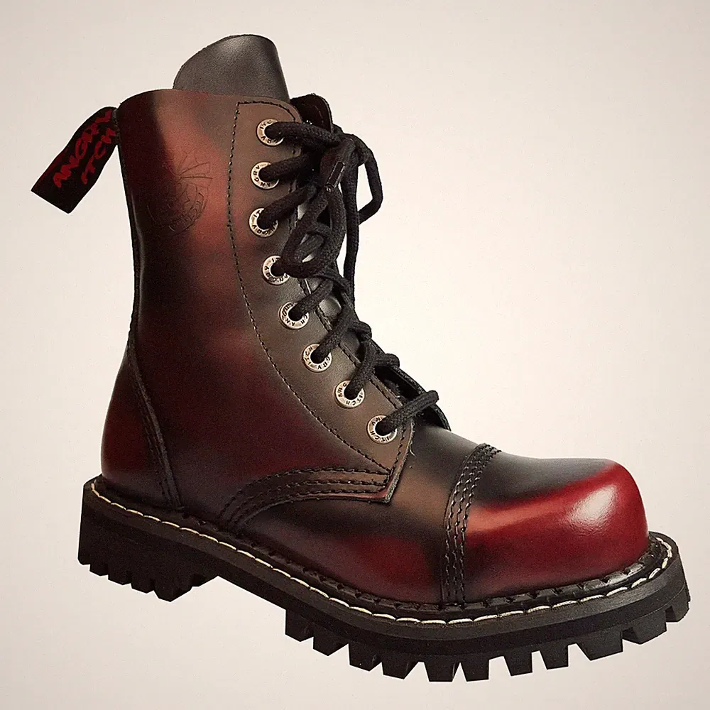 Angry Itch - 8-Loch Burgundy Rub off Gothic PunkLeder Stiefel mit Stahlkappe Mad