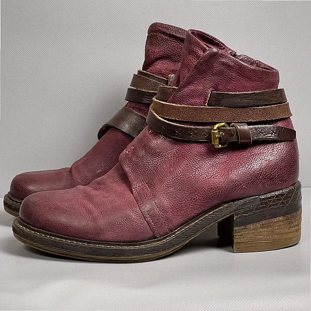 AS 98 Airstep Rot Leder Stiefeletten Größe 37 Biker Moto Style Reißverschluss...