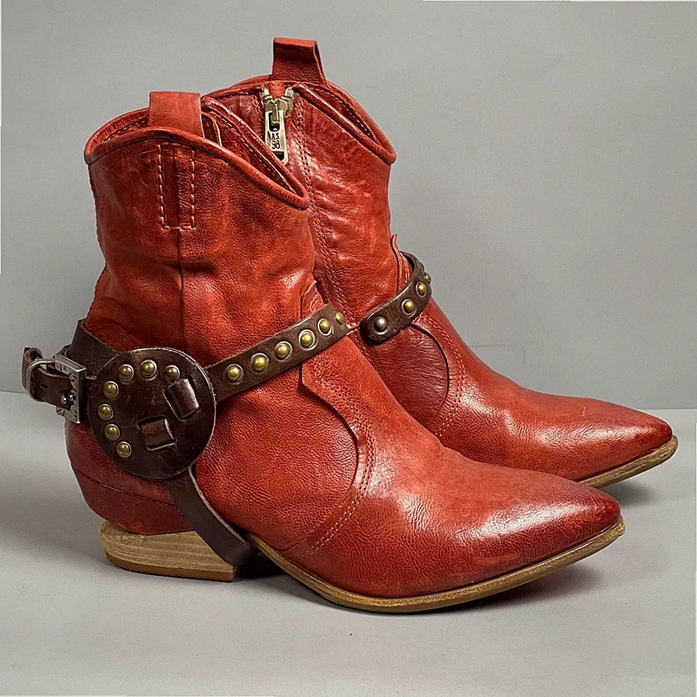 AS 98 Airstep Rot Leder Stiefeletten Schuhe Größe 36 Biker Nieten Moto Style...