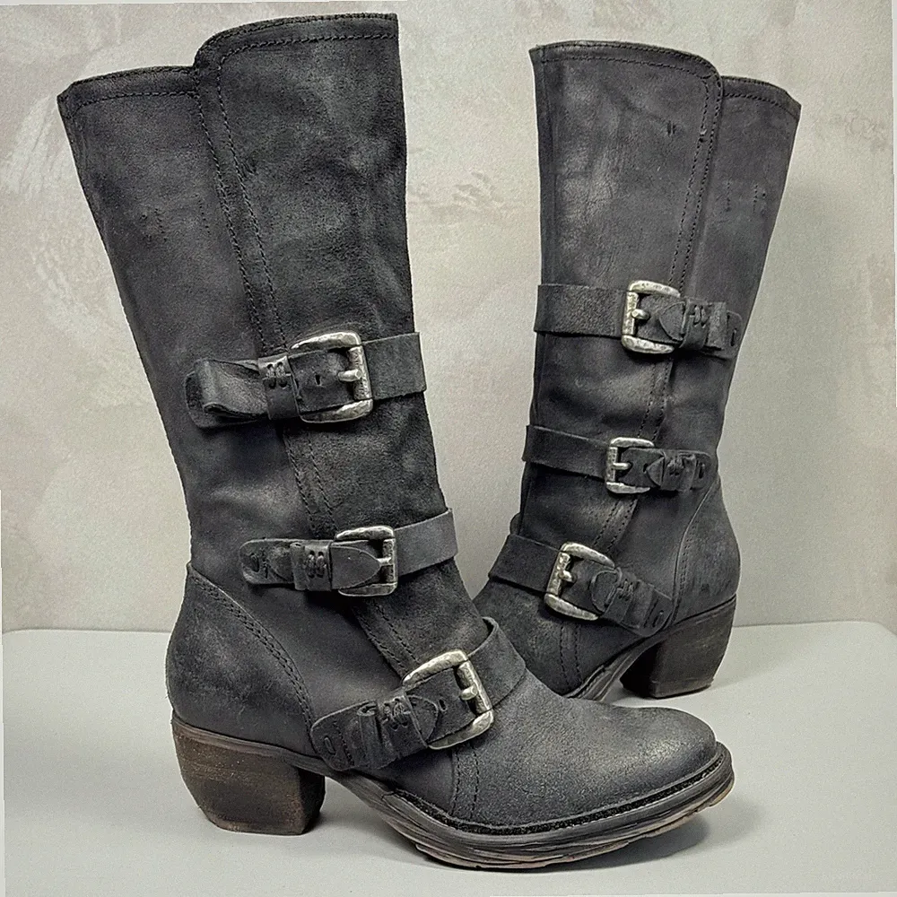 AS 98 Airstep Schwarz Leder Knie Stiefel Größe 39 Schnalle Reißverschluss Chu...