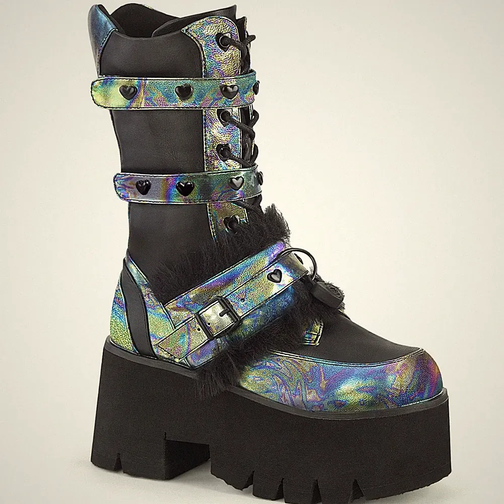 ASHES-120 Damenia Damen Plateaustiefel Herznieten schwarz grün Multi Lederlook
