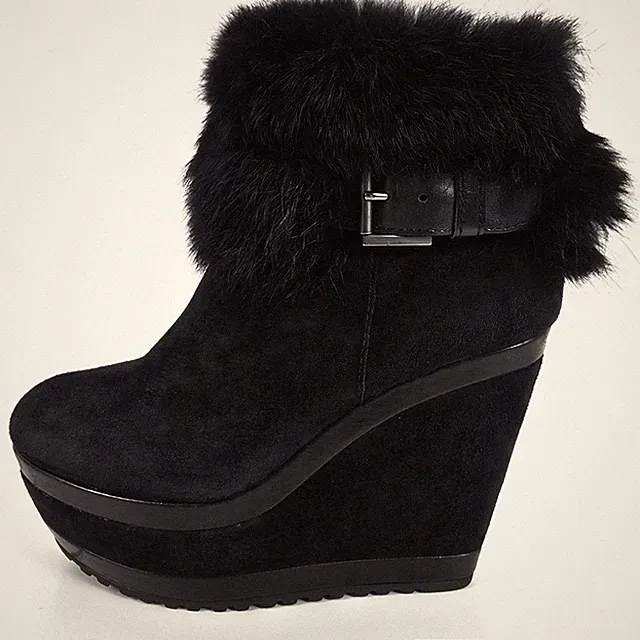 ATEMBERAUBENDE DAMEN ASH RABBIT LEDER VELOURSLEDER PLATEAU KEILABSATZ STIEFELETTE SCHWARZ 3 36