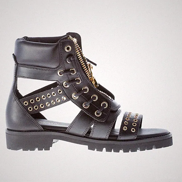 BALMAIN Damen Schuhe Women Stiefelette Sandale Tima Leder Schwarz Metall Reißverschluss Schnürsenkel