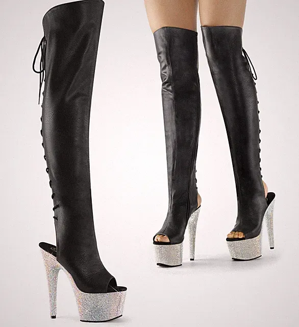 BEJEWELED-3019DM-7 Pleaser High-Heels PeepToe Overkneestiefel silber mit Strass