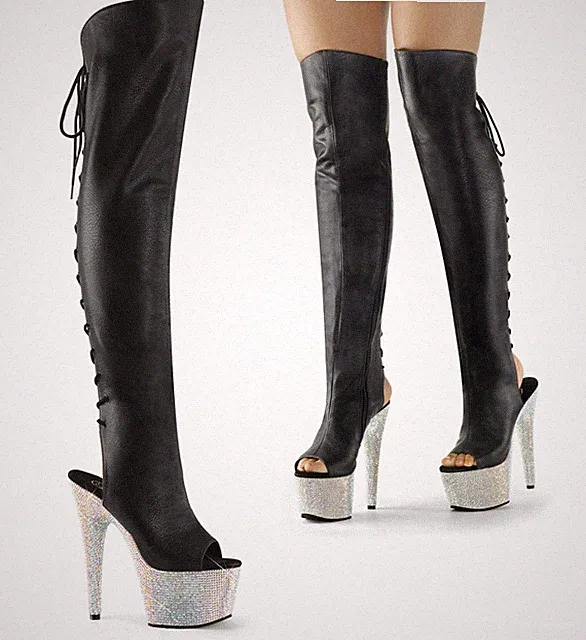 BEJEWELED-3019DM-7 Pleaser High-Heels PeepToe Overkneestiefel silber mit Strass