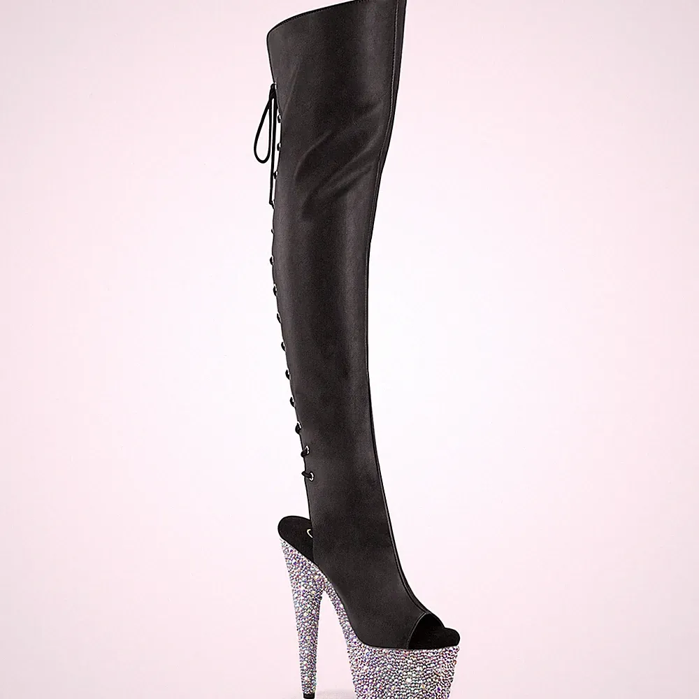 BEJEWELED-3019MS-7 Pleaser Peep Toe Plateauoverkneestiefel AB Strass schwarz